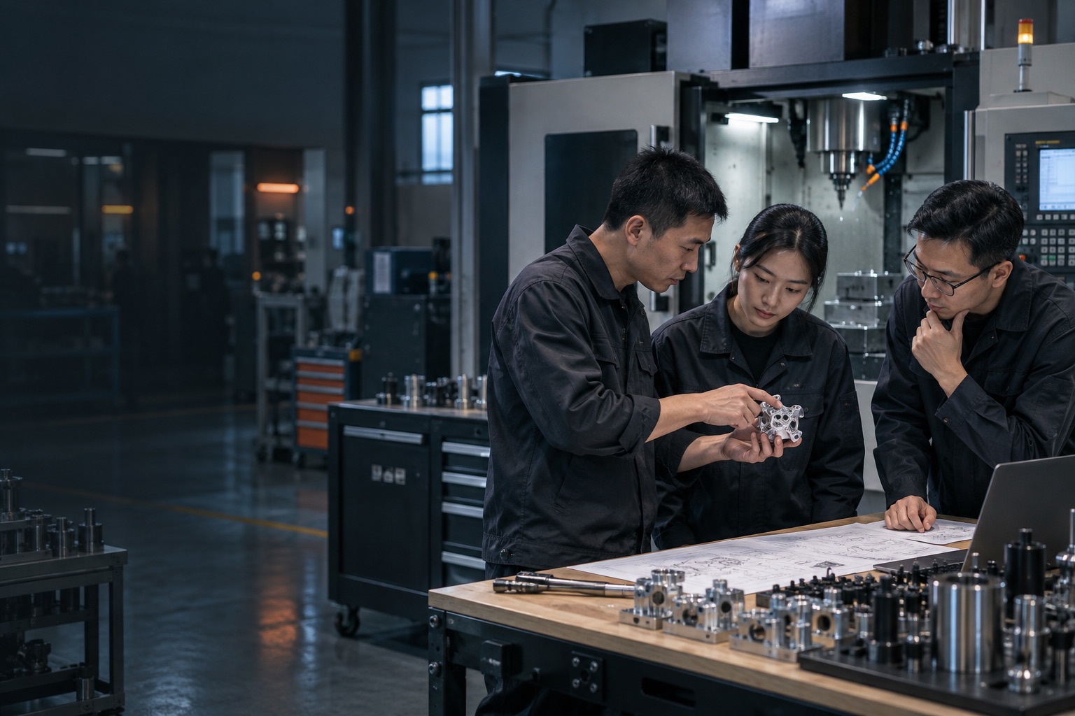 Engineers reviewing a precision-machined component and drawing in a modern workshop.