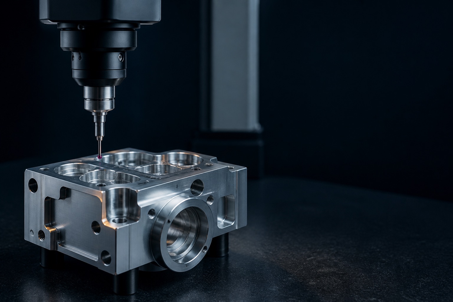 Precision machined component inspected with a coordinate measuring probe.