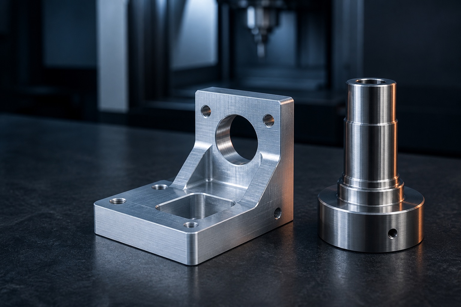 A milled aluminum bracket and a turned stainless-steel component.