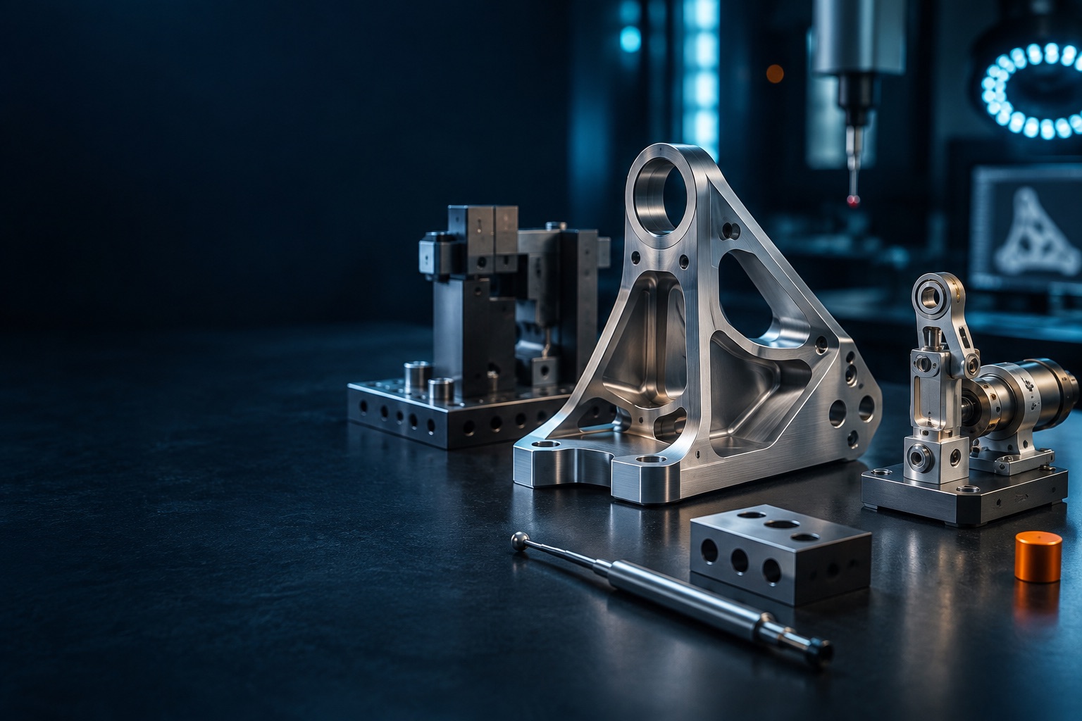 Precision-machined aerospace development bracket and test components on an engineering bench.