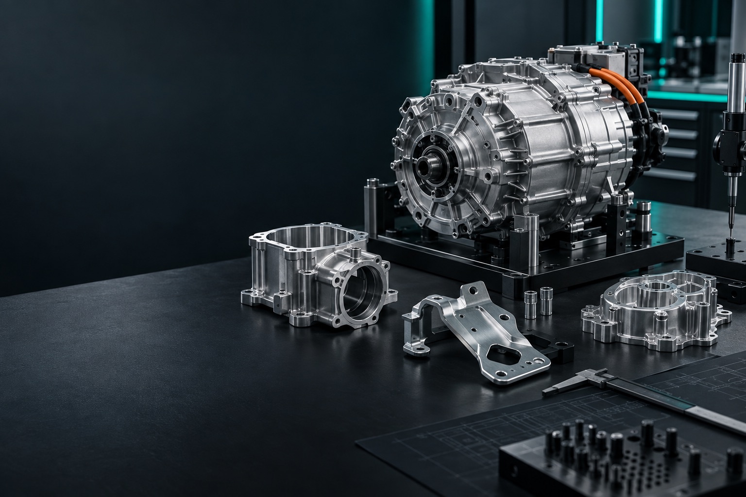 Machined automotive drivetrain development housing and validation components on an engineering bench.