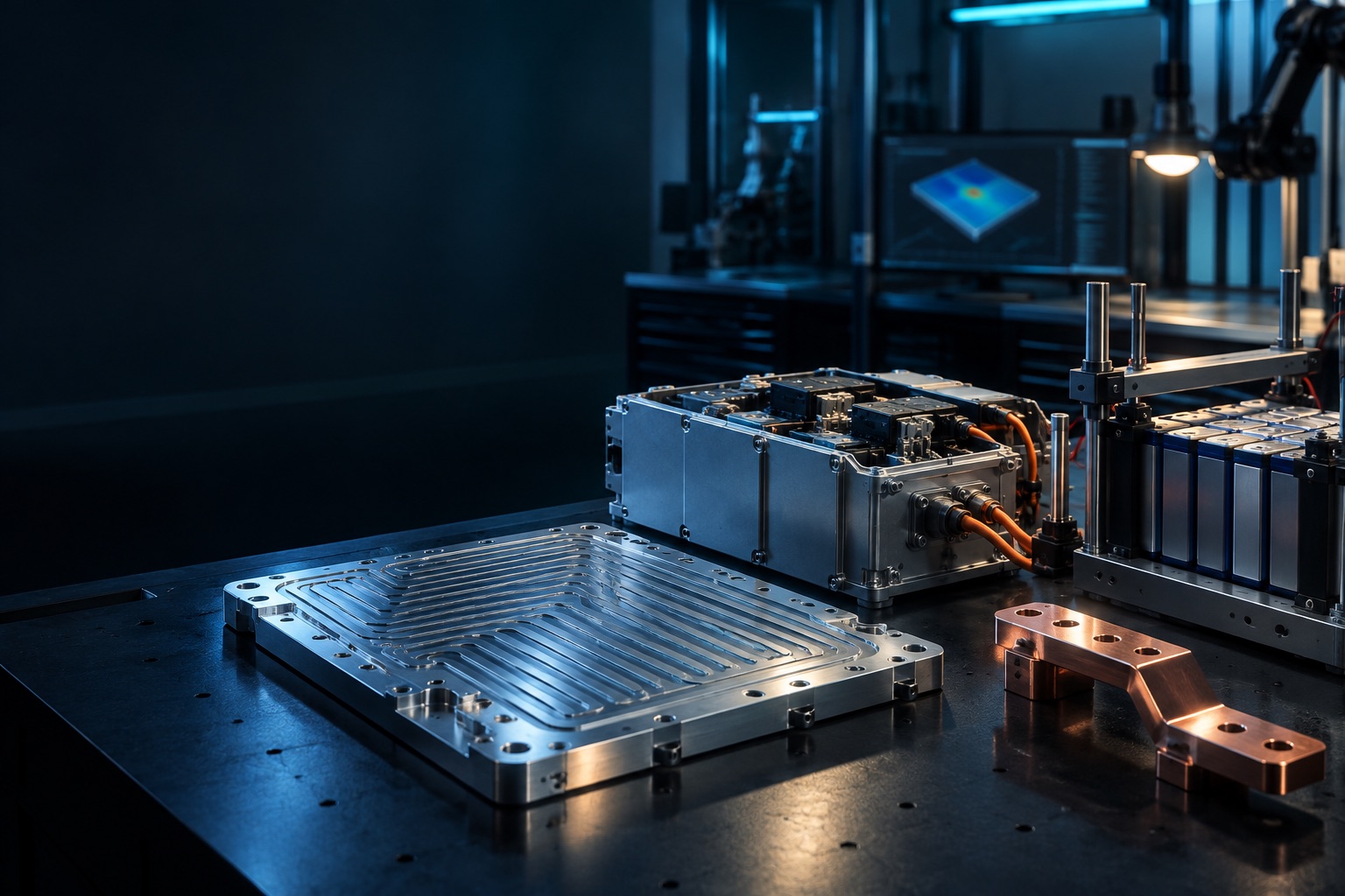 Power-system enclosure, thermal plate and battery test fixture in an engineering laboratory.