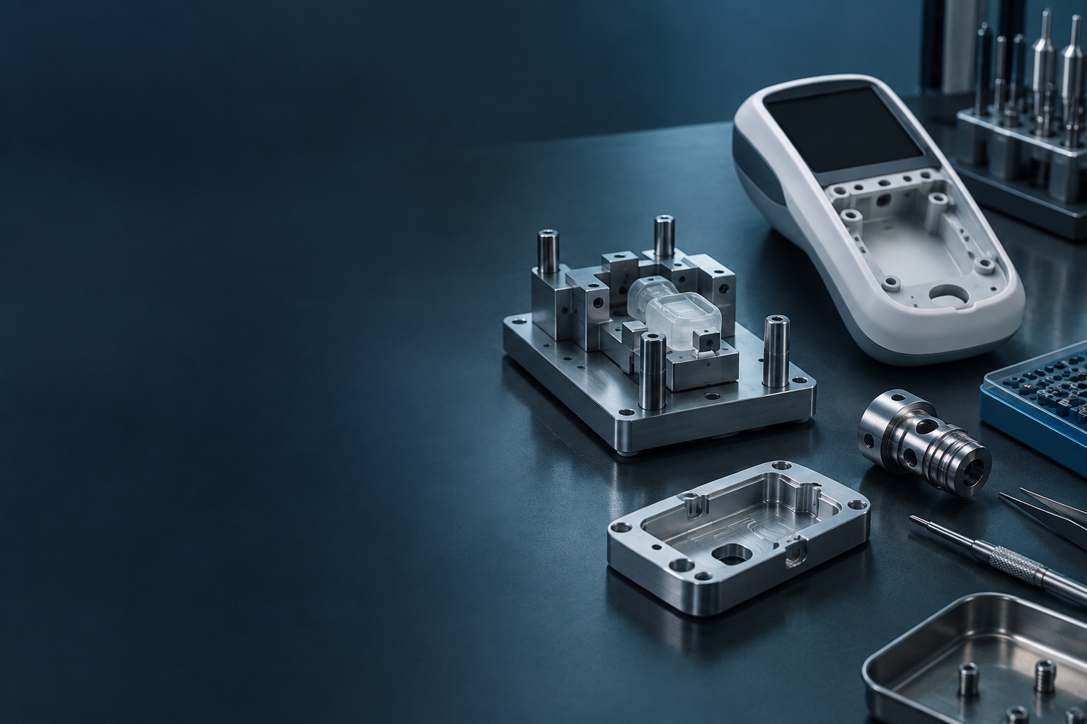 Unbranded medical device development enclosure, fixture and precision components on an engineering bench.