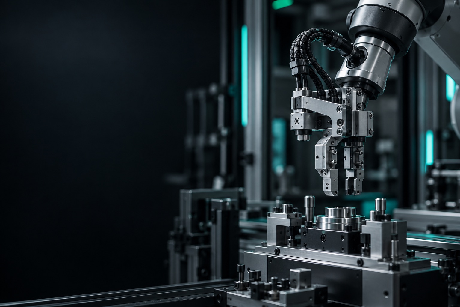 Precision robotic end-effector and automation fixture in a modern engineering cell.