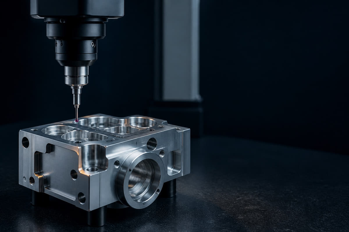 Precision machined components being checked with dimensional inspection equipment.