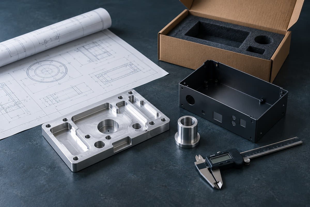 Illustration of engineering drawings, machined parts, a caliper and protective shipping packaging.