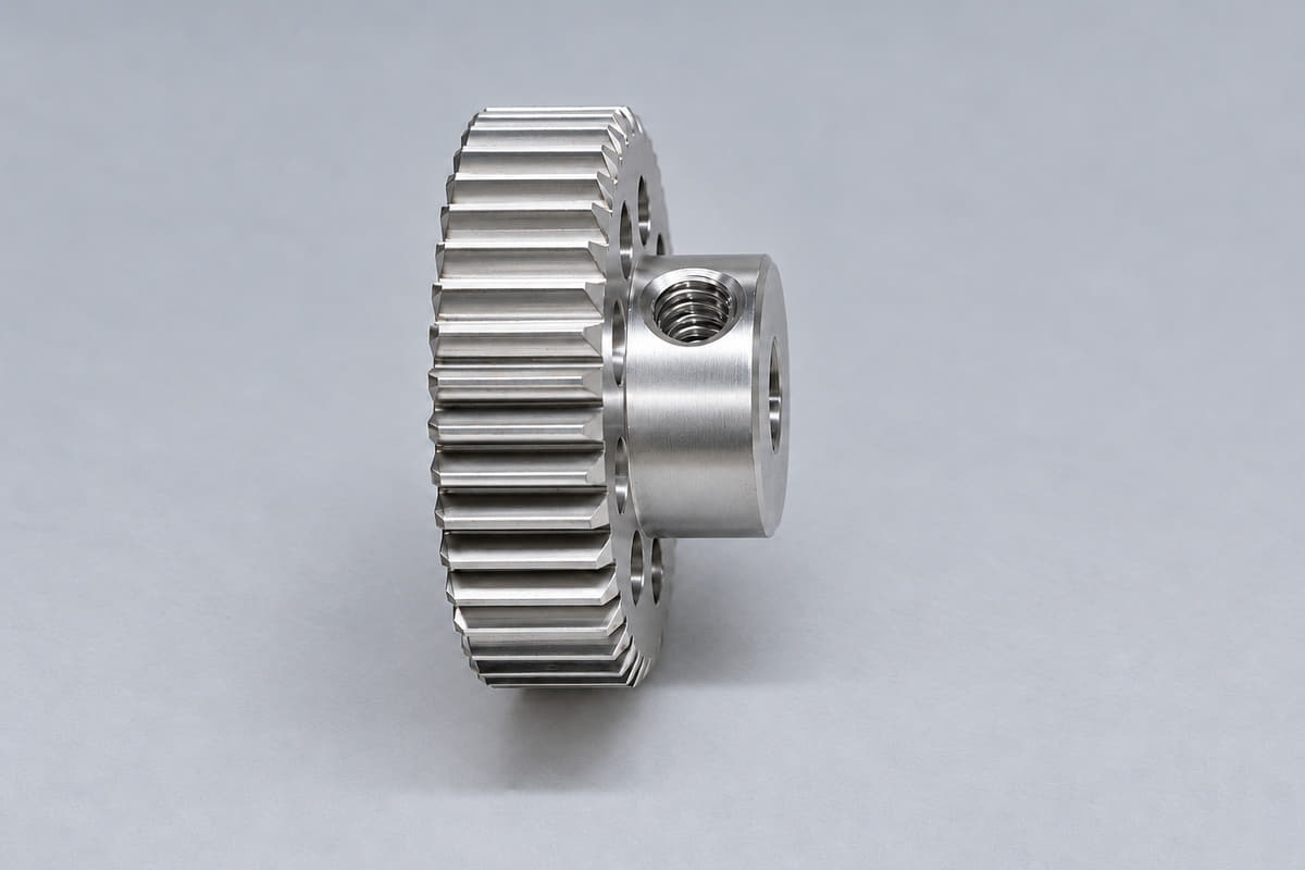 Steel gear with straight teeth, a raised hub and a threaded radial hole against a grey background.