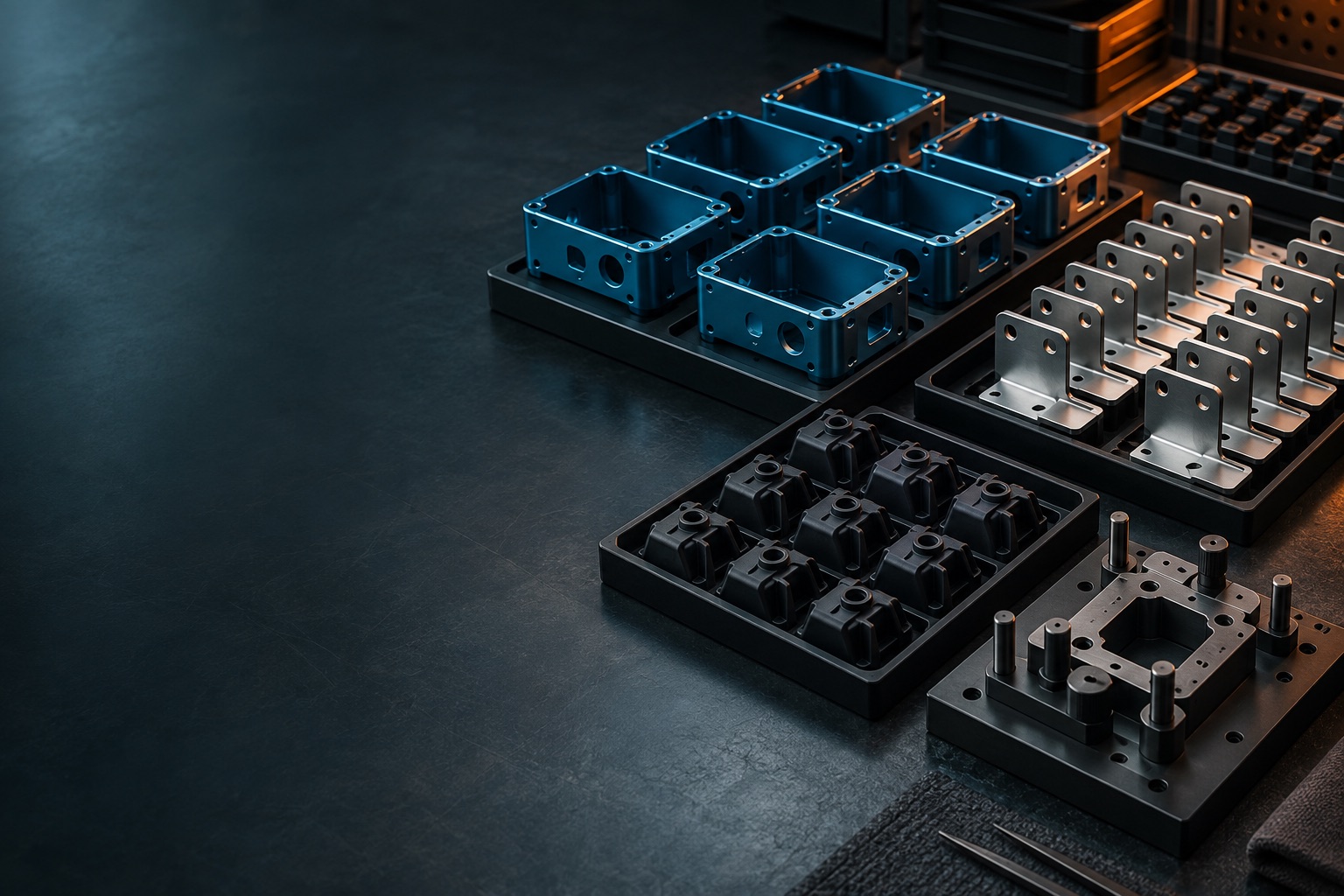 Organized trays of low-volume aluminum housings, sheet-metal brackets and polymer components on a manufacturing bench.