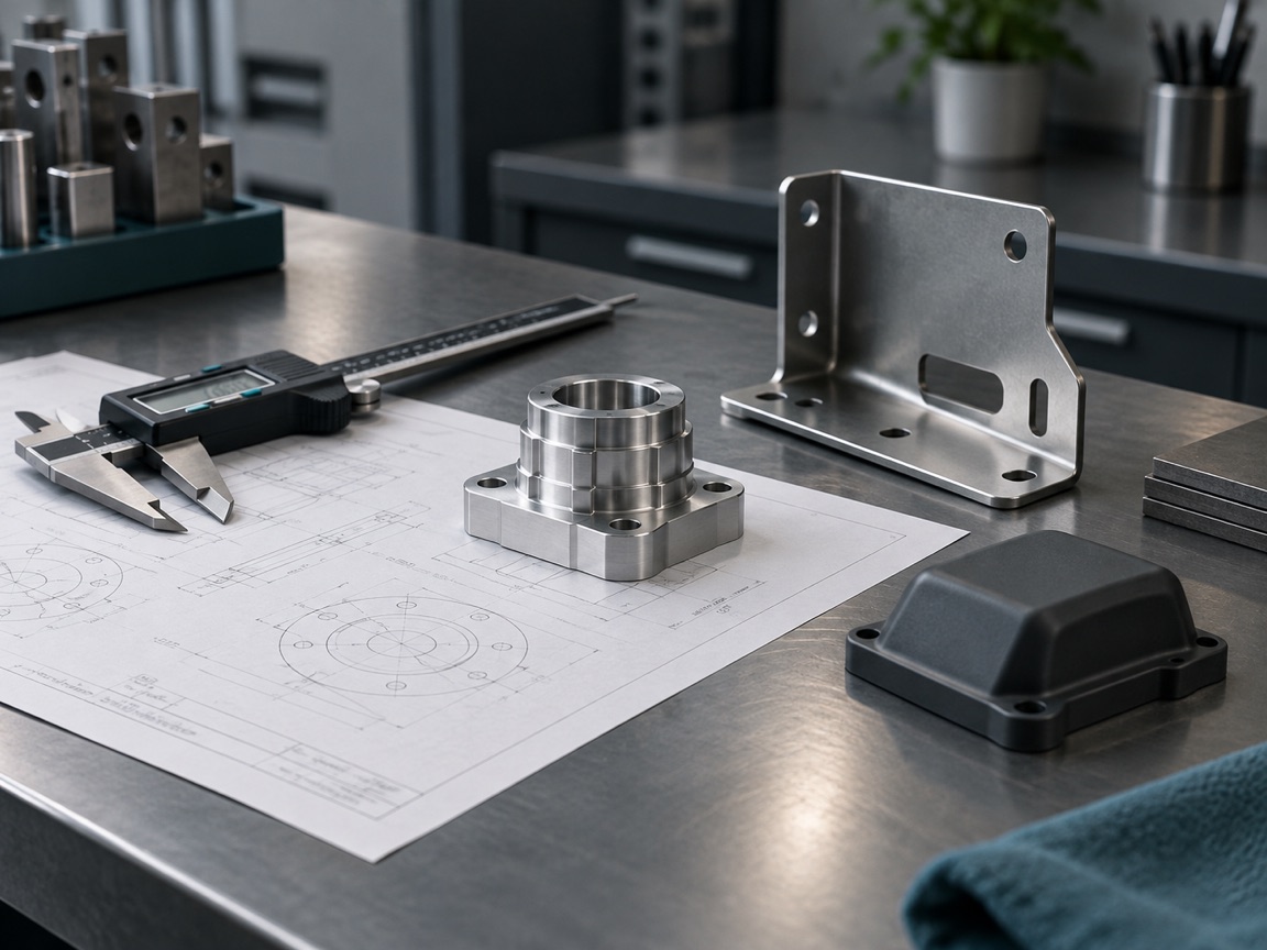 Engineering workbench with caliper, drawing and manufactured components.